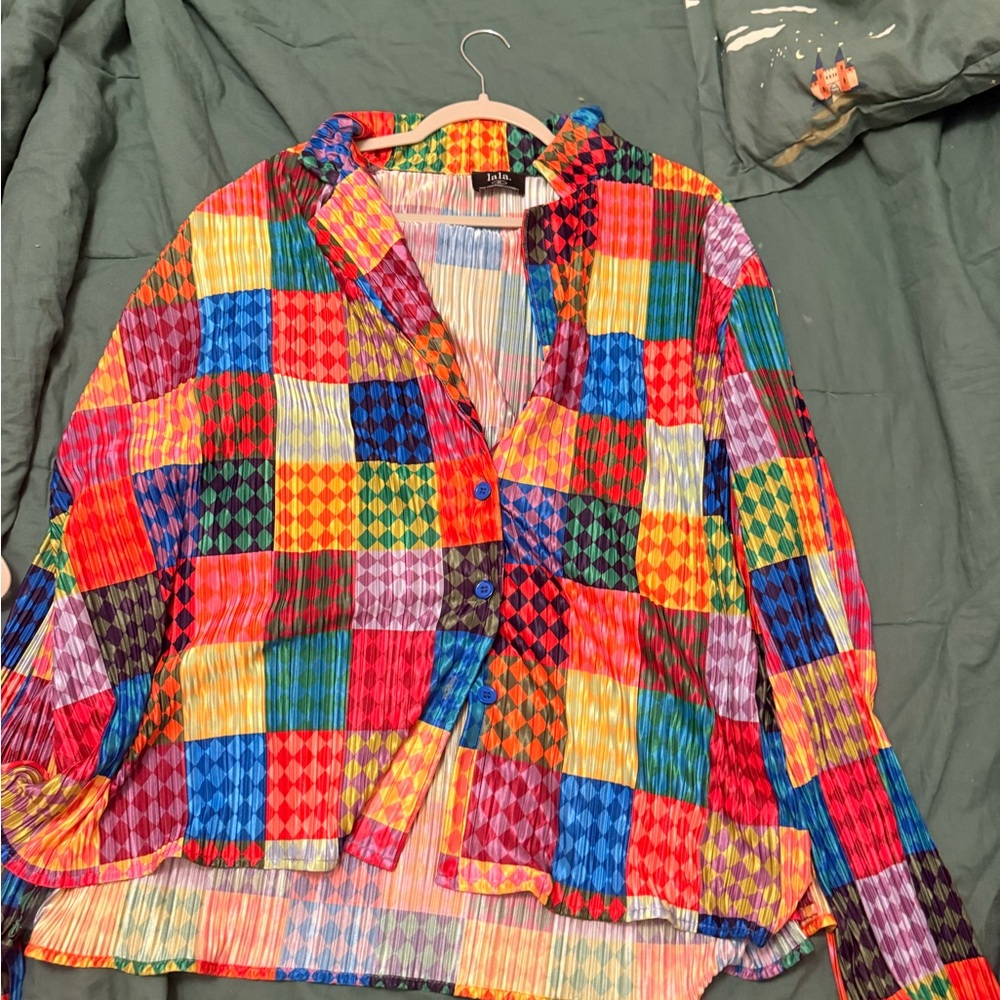 Colorful Patchwork Button-Up Shirt- Dresses in LALA Satin Set